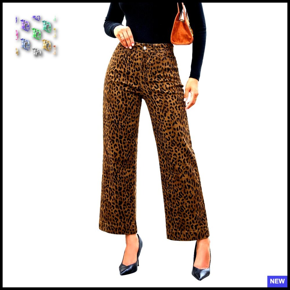 Wide Leg Jeans High Waisted Stretchy Denim Ankle Length Animal Print Trendy